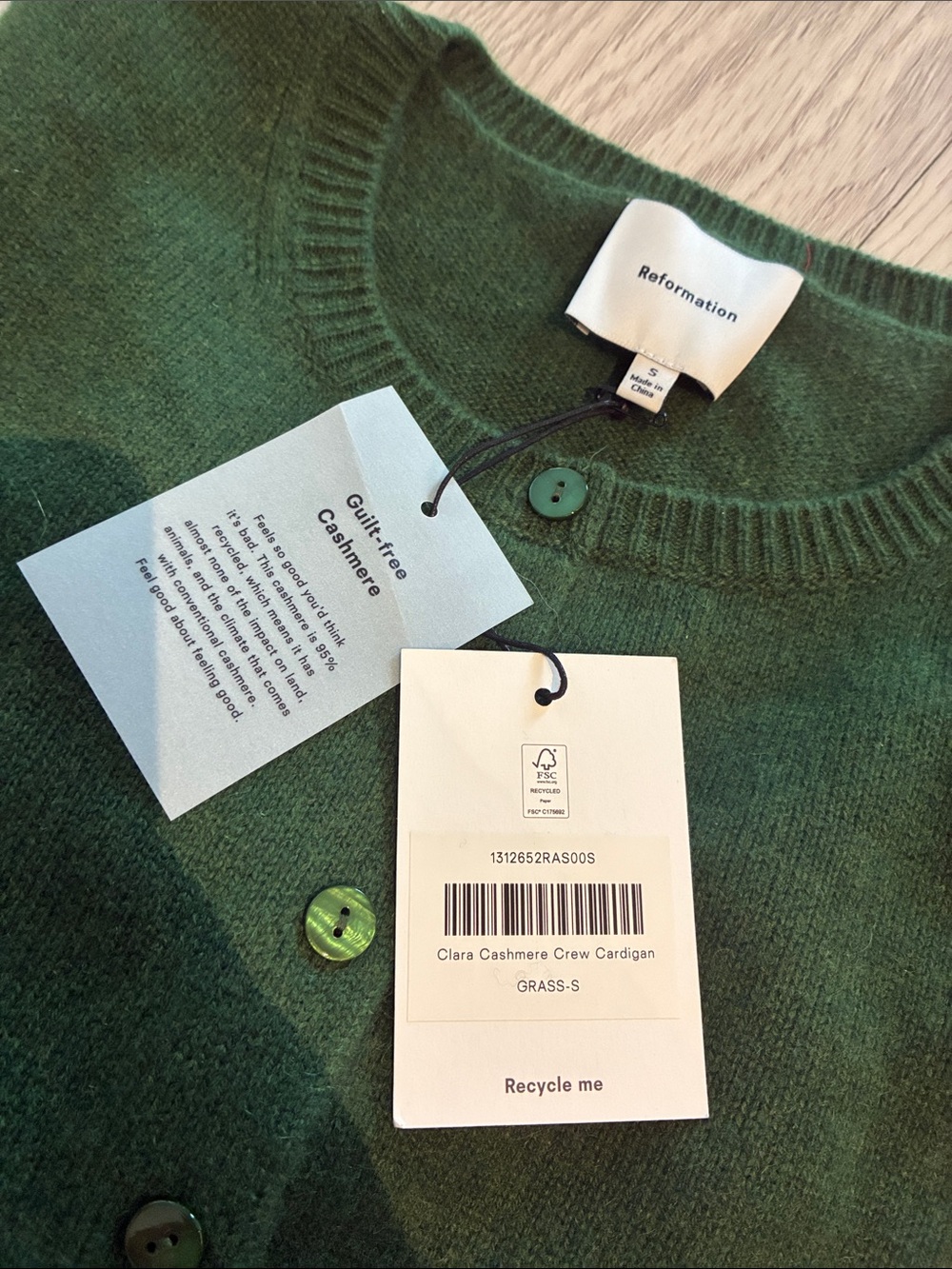 Brand New Reformation Clara Cashmere Crew Cardigan Grass - Picture 2 of 2